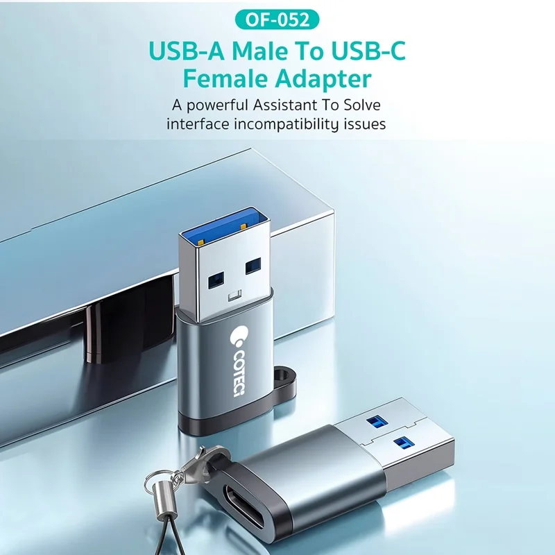 COTECI OF-052 Conversor USB-A Macho para USB-C Fêmea PD 100W Carregamento Rápido Adaptador de Transferência de Dados 10Gbps - Cinzento