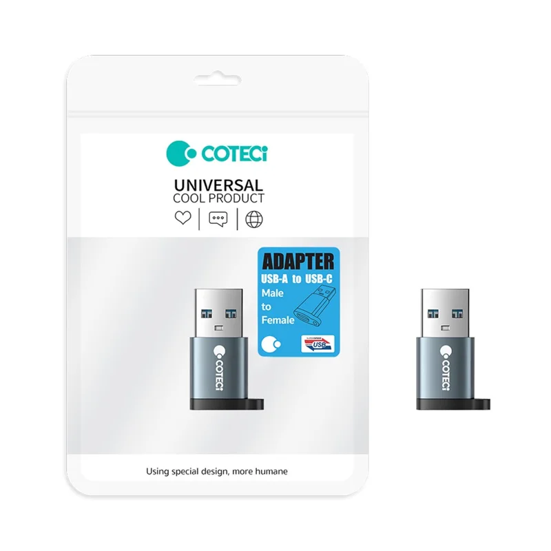 COTECI OF-052 Conversor USB-A Macho para USB-C Fêmea PD 100W Carregamento Rápido Adaptador de Transferência de Dados 10Gbps - Cinzento