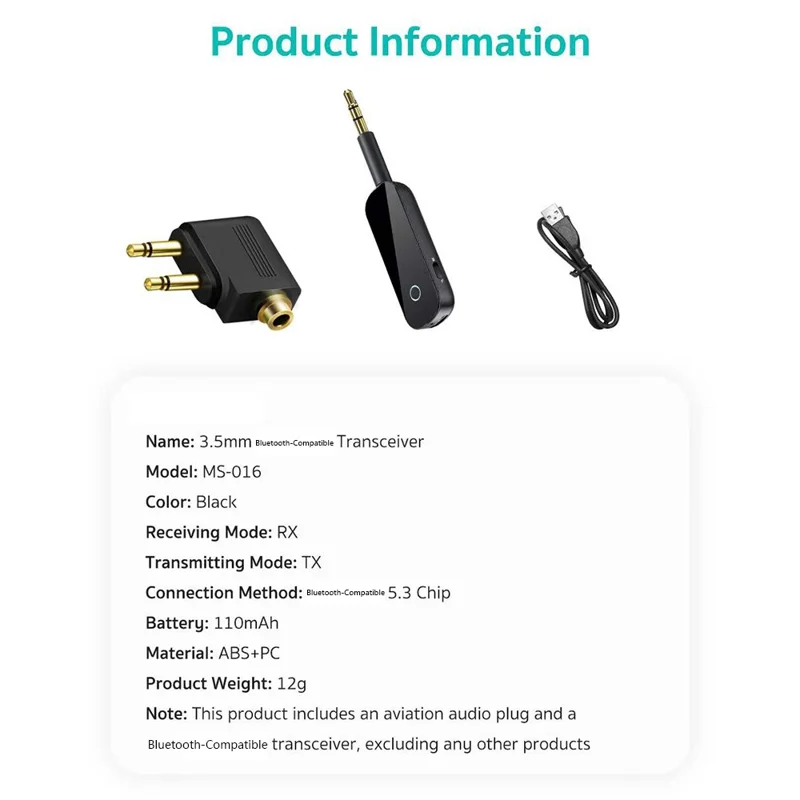 COTECI MS-016 2 em 1 Transmissor e Receptor Bluetooth 5.3 Dongle de Áudio Sem Fios com Adaptador para Viagem em Avião - Preto