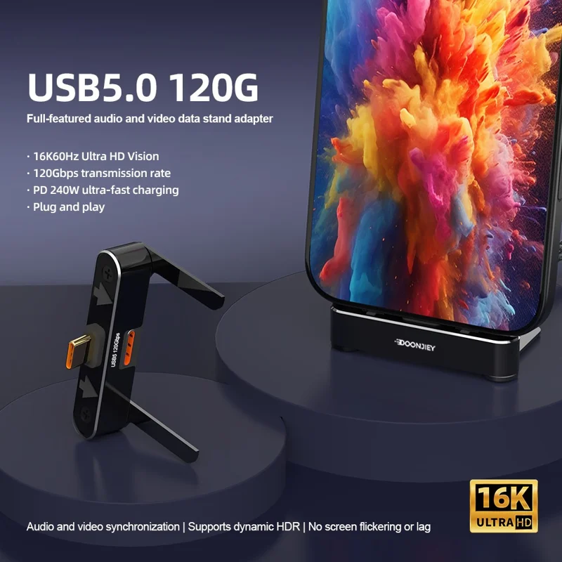 DOONJIEY DJMS03 USB5 Type-C Elbow Adapter 16K / 60Hz 120Gbps Data Transfer PD 240W Fast Charging Phone Stand Dock