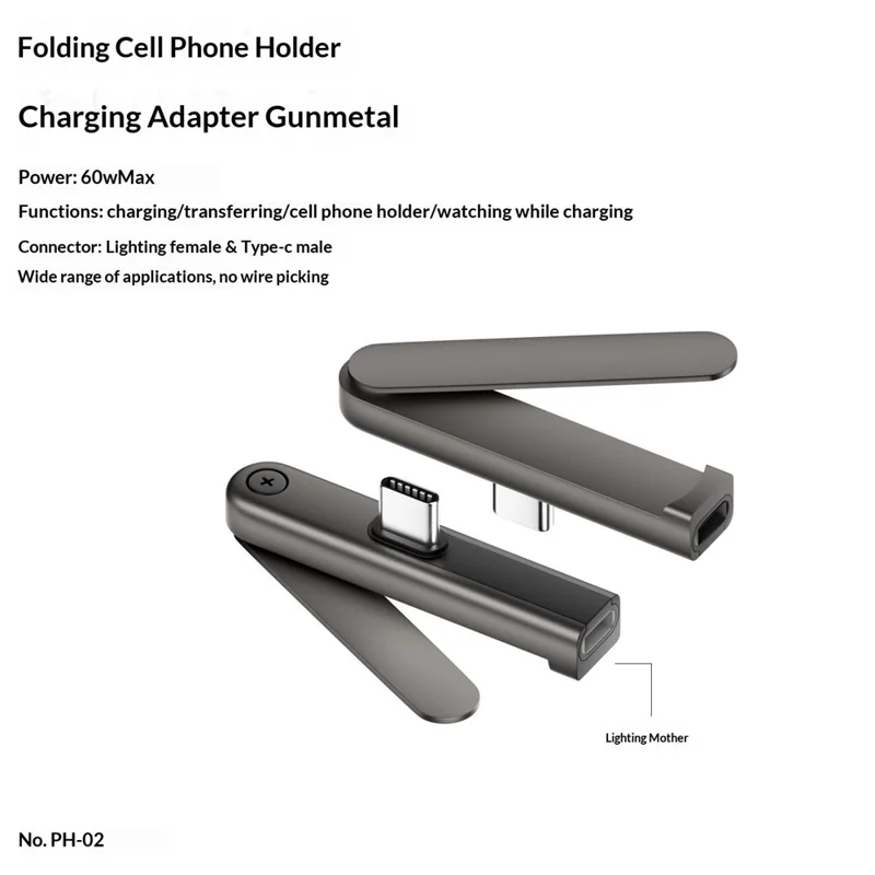 PH-02 Foldable Phone Stand with iP (5-14) to Type-C Adapter 27W PD Fast Charging Data Transfer Gaming Phone Holder - Grey