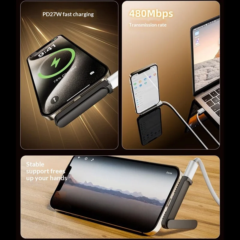 PH-02 Foldable Phone Stand with iP (5-14) to Type-C Adapter 27W PD Fast Charging Data Transfer Gaming Phone Holder - Grey
