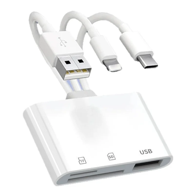 103TPro 3 in 1 Type-C / iP / USB-A Adapter SD TF Card Reader for iPhone iPad MacBook Samsung - White