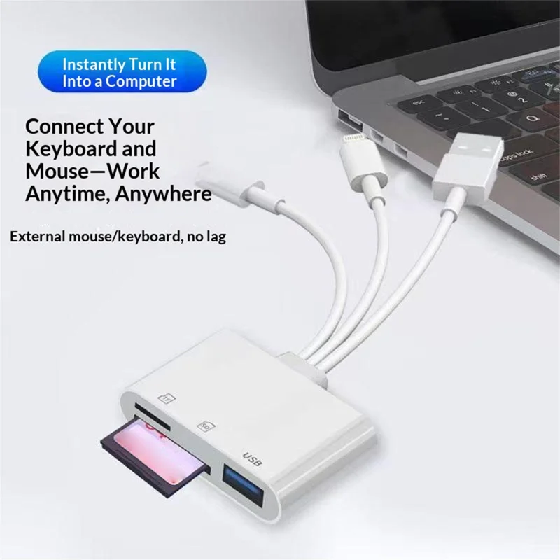 103TPro 3 in 1 Type-C / iP / USB-A Adapter SD TF Card Reader for iPhone iPad MacBook Samsung - White