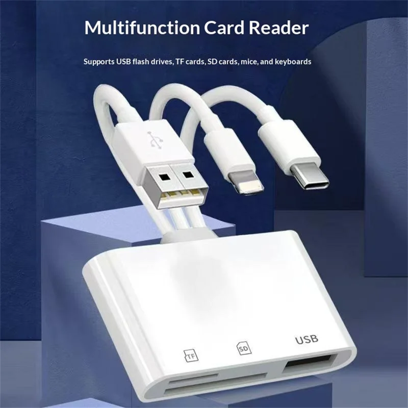 103TPro 3 in 1 Type-C / iP / USB-A Adapter SD TF Card Reader for iPhone iPad MacBook Samsung - White