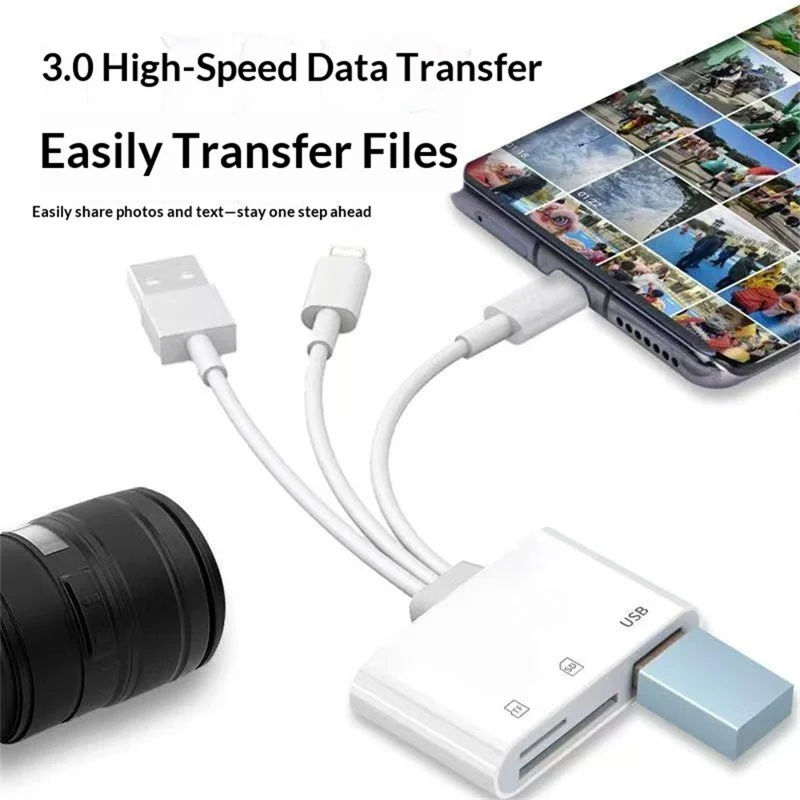 103TPro 3 in 1 Type-C / iP / USB-A Adapter SD TF Card Reader for iPhone iPad MacBook Samsung - White