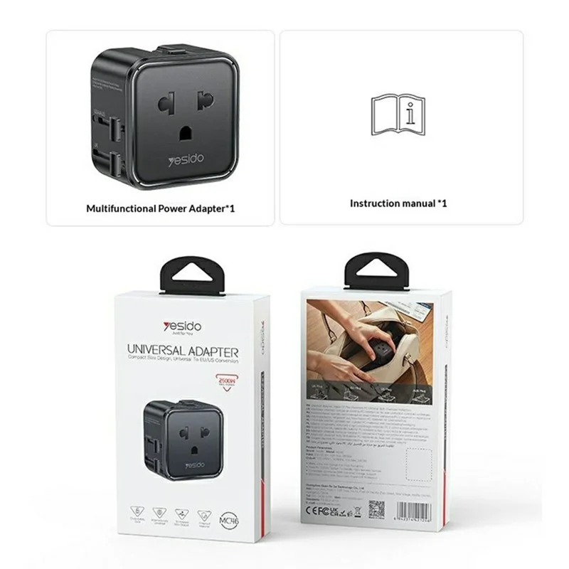 YESIDO MC46 Universal Travel Adapter Ultra Slim 2500W 10A International Power Plug - Black