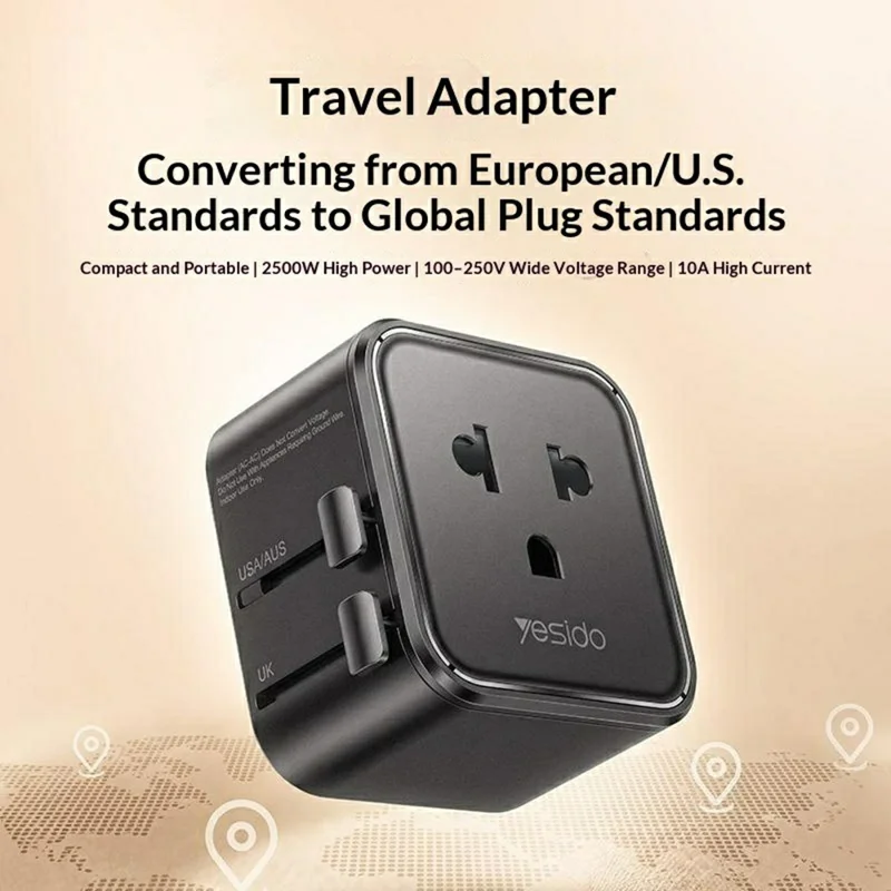 YESIDO MC46 Universal Travel Adapter Ultra Slim 2500W 10A International Power Plug - Black