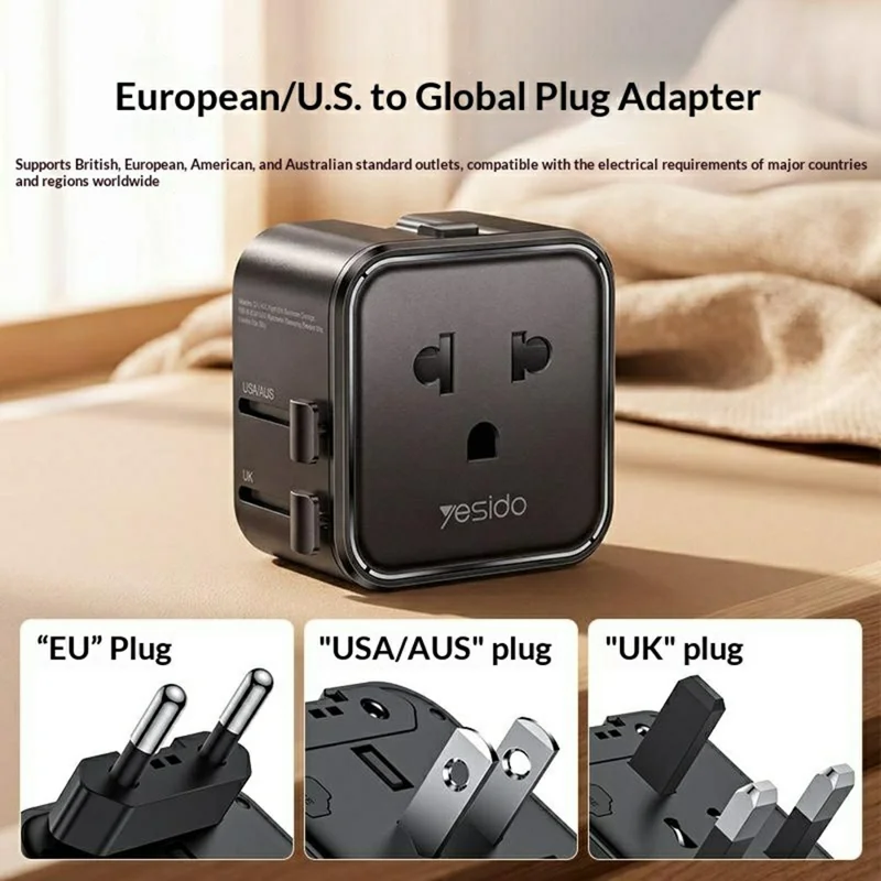 YESIDO MC46 Universal Travel Adapter Ultra Slim 2500W 10A International Power Plug - Black