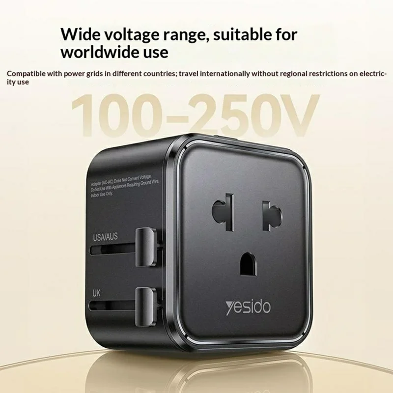 YESIDO MC46 Universal Travel Adapter Ultra Slim 2500W 10A International Power Plug - Black