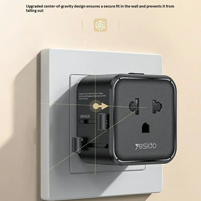YESIDO MC46 Universal Travel Adapter Ultra Slim 2500W 10A International Power Plug - Black
