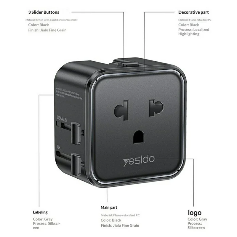 YESIDO MC46 Universal Travel Adapter Ultra Slim 2500W 10A International Power Plug - Black