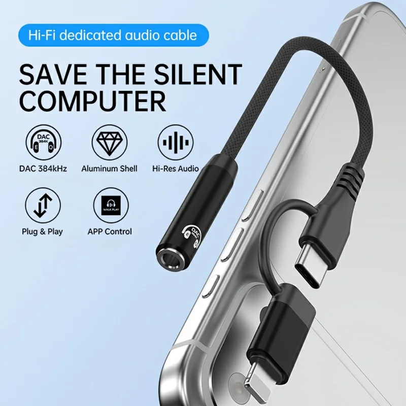 2 in 1 Type-C  /  iP to 3.5mm HiFi Audio Adapter Cable DAC 384kHz / 32bit 8-Band EQ Plug and Play - Black