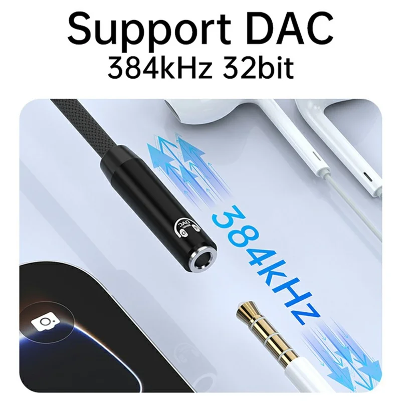 2 in 1 Type-C  /  iP to 3.5mm HiFi Audio Adapter Cable DAC 384kHz / 32bit 8-Band EQ Plug and Play - Black