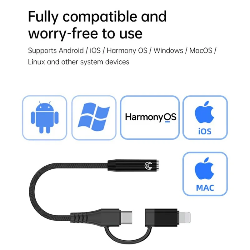 2 in 1 Type-C  /  iP to 3.5mm HiFi Audio Adapter Cable DAC 384kHz / 32bit 8-Band EQ Plug and Play - Black