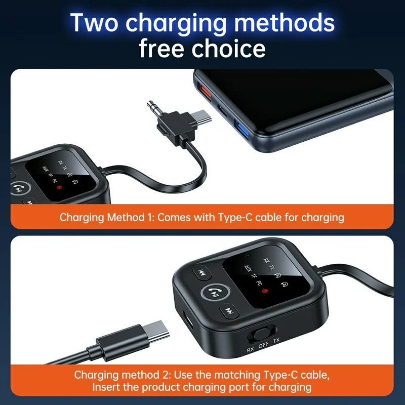 GT83 Type-C  /  3.5mm 2 in 1 Bluetooth-compatible 6.0 Audio Transmitter Receiver Adapter Support TF Card - Black