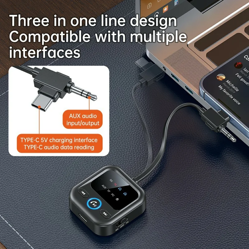 GT83 Type-C  /  3.5mm 2 in 1 Bluetooth-compatible 6.0 Audio Transmitter Receiver Adapter Support TF Card - Black