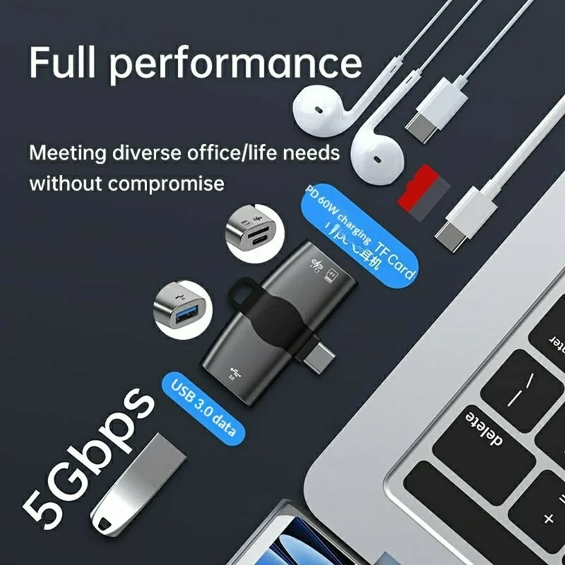3 in 1 USB-C OTG Adapter USB 3.0 TF Card Reader PD 60W Fast Charging Hub - Tarnish