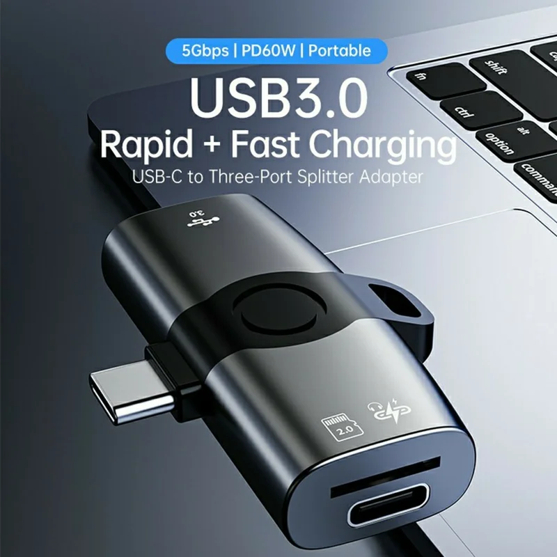 3 in 1 USB-C OTG Adapter USB 3.0 TF Card Reader PD 60W Fast Charging Hub - Matte Gold