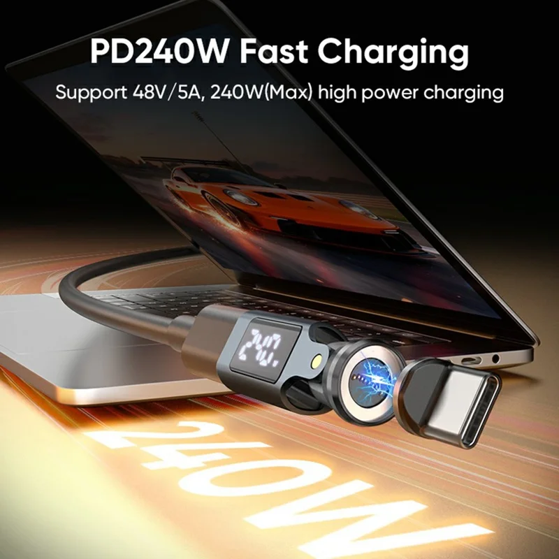 240W Type-C Magnetic Adapter 540 Degree Dual Axis Rotating LED Display Charging Data Transfer Connector for Phone Laptop Tablet - Grey