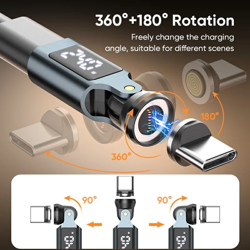 240W Type-C Magnetic Adapter 540 Degree Dual Axis Rotating LED Display Charging Data Transfer Connector for Phone Laptop Tablet - Grey
