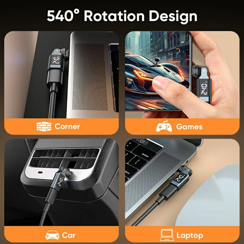 240W Type-C Magnetic Adapter 540 Degree Dual Axis Rotating LED Display Charging Data Transfer Connector for Phone Laptop Tablet - Grey