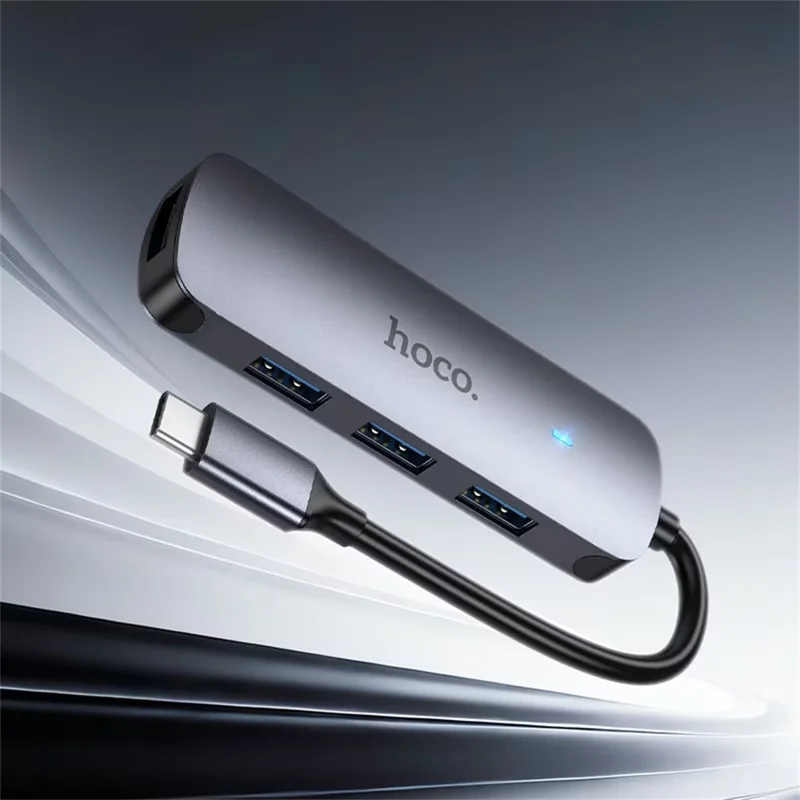 HOCO HB57 Adaptateur de concentrateur Type-C vers 4 USB 3.0, transfert de données 5Gbps, convertisseur en alliage d'aluminium - Décoloration