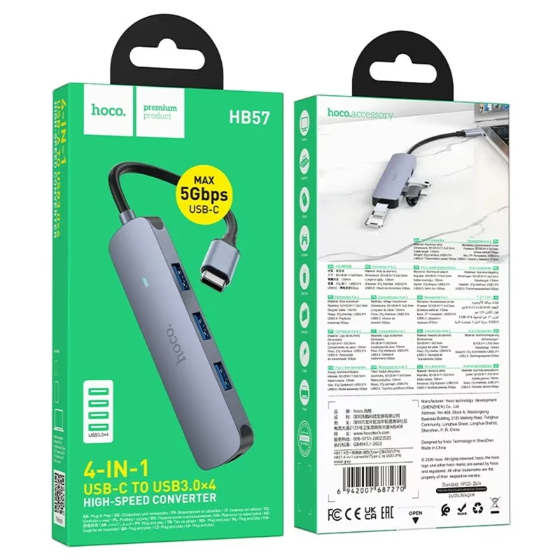 HOCO HB57 Adaptateur de concentrateur Type-C vers 4 USB 3.0, transfert de données 5Gbps, convertisseur en alliage d'aluminium - Décoloration