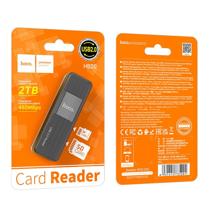 HOCO 2-in-1 TF / SD Reader USB 2.0 480Mbps Theoretical Speed 2TB Capacity for Windows Mac OS - Black