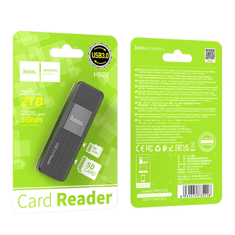 HOCO HB20 USB 3.0 Card Reader, Theoretical 5Gbps  /  2TB Capacity, SD  /  TF Support for Windows, Mac OS - Black