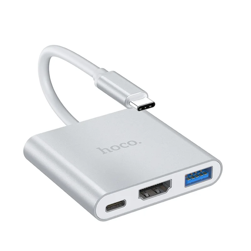 HOCO HB14 Type-C Hub with 105mm Cable, USB 3.0 Port, HD Video Output, 67W PD Charging Input for Type-C Laptops - Silver