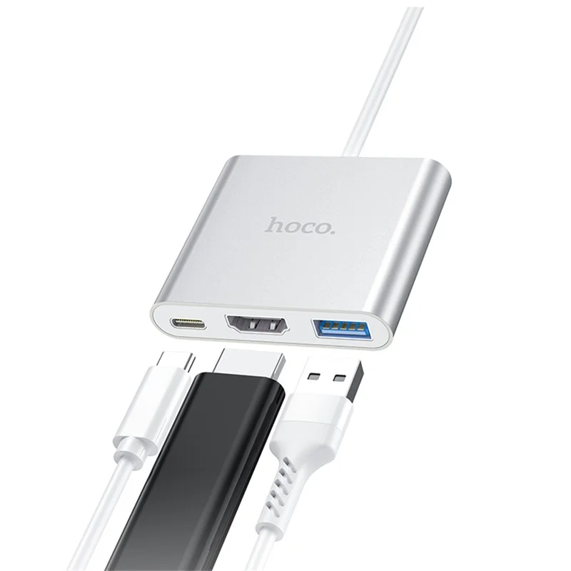 HOCO HB14 Type-C Hub with 105mm Cable, USB 3.0 Port, HD Video Output, 67W PD Charging Input for Type-C Laptops - Silver