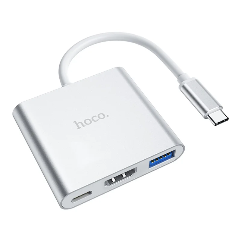 HOCO HB14 Type-C Hub with 105mm Cable, USB 3.0 Port, HD Video Output, 67W PD Charging Input for Type-C Laptops - Silver