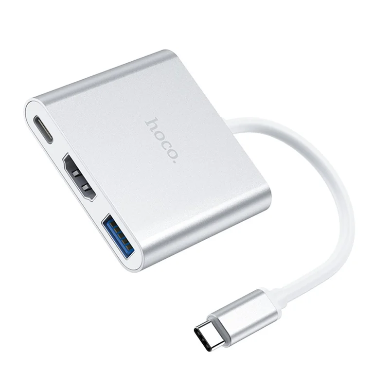 HOCO HB14 Type-C Hub with 105mm Cable, USB 3.0 Port, HD Video Output, 67W PD Charging Input for Type-C Laptops - Silver
