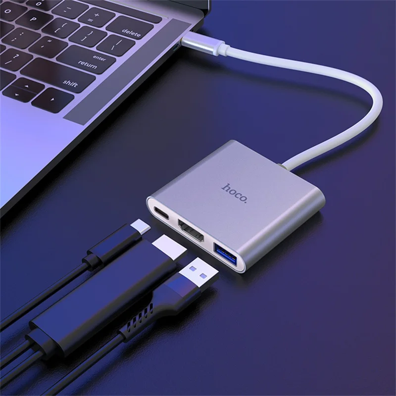 HOCO HB14 Type-C Hub with 105mm Cable, USB 3.0 Port, HD Video Output, 67W PD Charging Input for Type-C Laptops - Silver