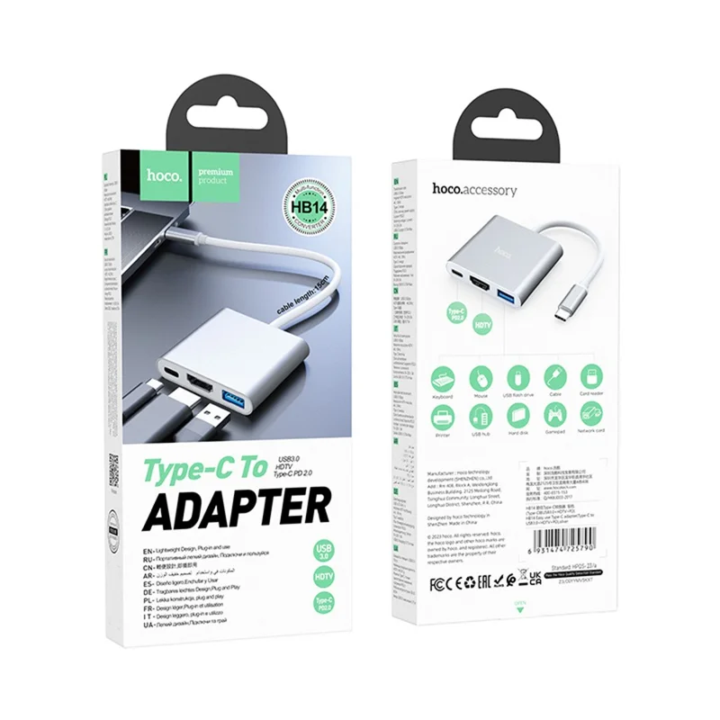 HOCO HB14 Type-C Hub with 105mm Cable, USB 3.0 Port, HD Video Output, 67W PD Charging Input for Type-C Laptops - Silver