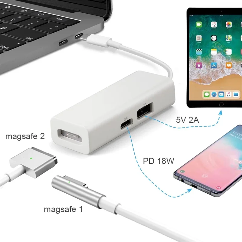 Adaptateur magnétique 3 en 1 USB 3.1 Type-C vers Compatible avec MagSafe 1 / 2 pour MacBook Pro, ordinateur portable, smartphone - Blanc