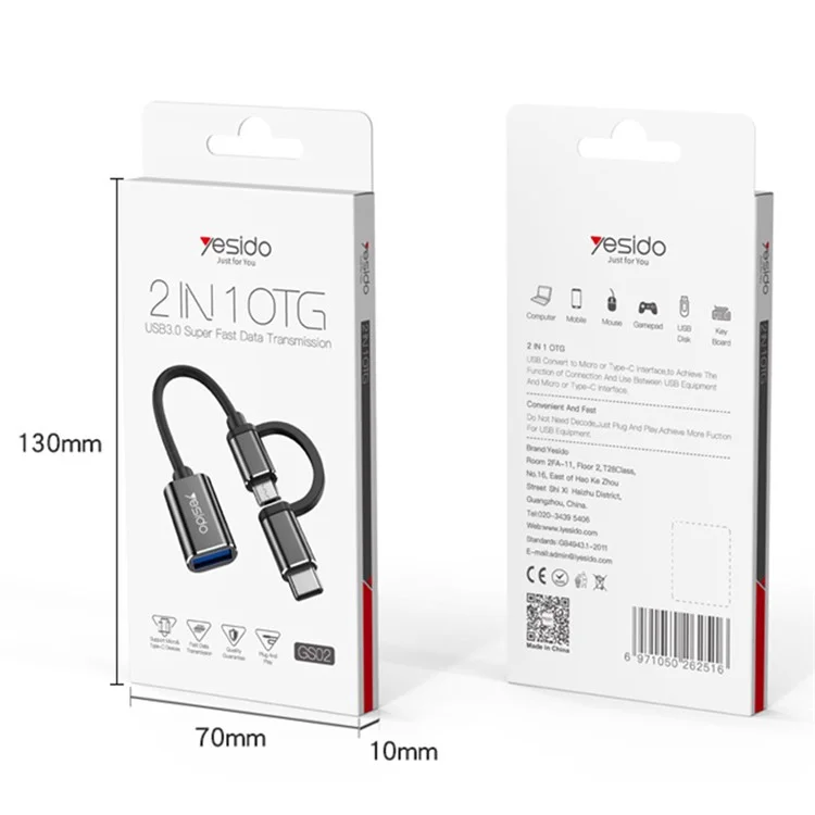 YESIDO GS02 2 em 1 Conector de Cabo Adaptador de Tipo C/Micro para USB OTG para Samsung Xiaomi Huawei MacBook