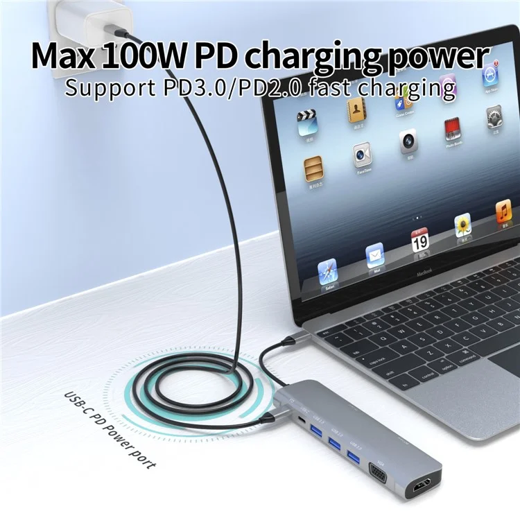 YSTC9048 9 en 1 Multi-puerto USB C Hub Portátil de Datos de Alta Velocidad Converter USB C a USB3.0 TF SD Adaptador Soporte HDMI VGA