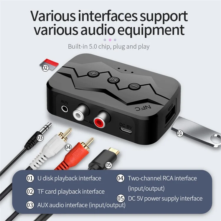 M23 NFC 2-in-1 Bluetooth-compatible 5.0 Receiver Transmitter RCA AUX Audio Adapter Support U-disk TF Card