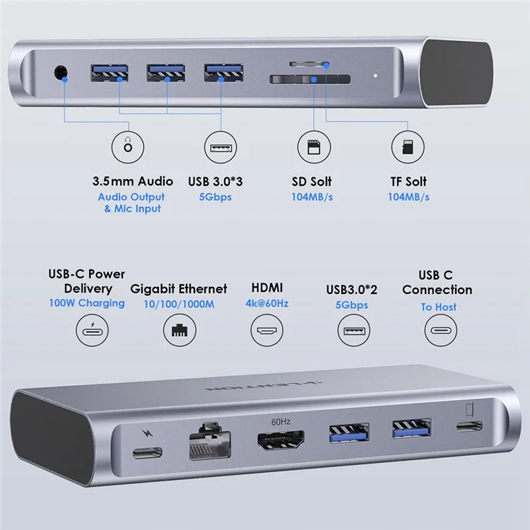 LENTION D54HEACR Multi-Port Docking Station Portable Mini USB Hub Type-C to 5 USB3.0+HD(4K/60Hz)+RJ45 +Memory&TF +3.5mm Audio+PD3.0 with USB-C to USB-C PD 100W Data Cable