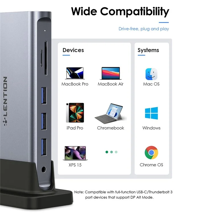 LENTION D54HEACR Multi-Port Docking Station Portable Mini USB Hub Type-C to 5 USB3.0+HD(4K/60Hz)+RJ45 +Memory&TF +3.5mm Audio+PD3.0 with USB-C to USB-C PD 100W Data Cable