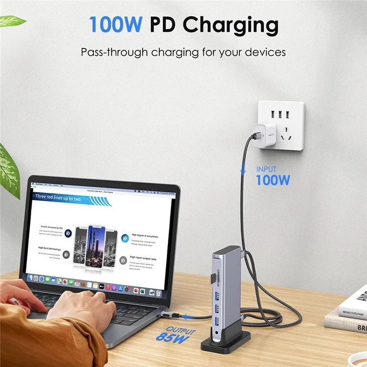 LENTION D54HEACR Multi-Port Docking Station Portable Mini USB Hub Type-C to 5 USB3.0+HD(4K/60Hz)+RJ45 +Memory&TF +3.5mm Audio+PD3.0 with USB-C to USB-C PD 100W Data Cable