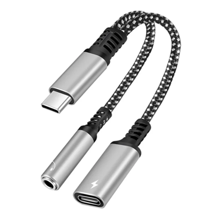 2 em 1 Tipo c Masculino Para PD 60W Tipo-c Charging + Splitter de Adaptador de Fone de Ouvido Feminino de Áudio de 3,5 mm - Prata