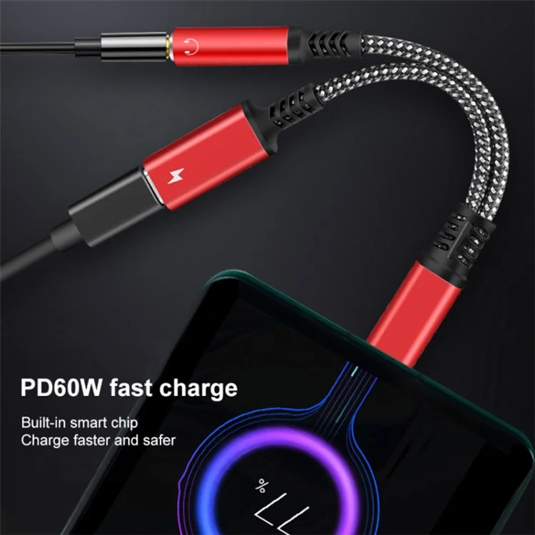 2 em 1 Tipo c Masculino Para PD 60W Tipo-c Charging + Splitter de Adaptador de Fone de Ouvido Feminino de Áudio de 3,5 mm - Prata