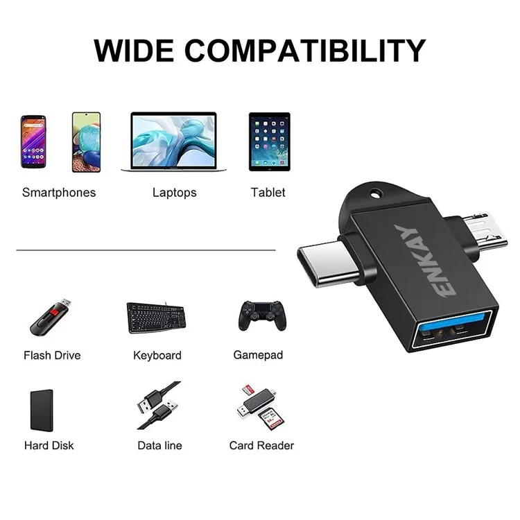 ENKAY HAT PRINCE ENK-AT112 Type C+Micro USB 2 in 1 OTG Adapter High Speed USB 3.0 Converter for Computer Extension Header - Black