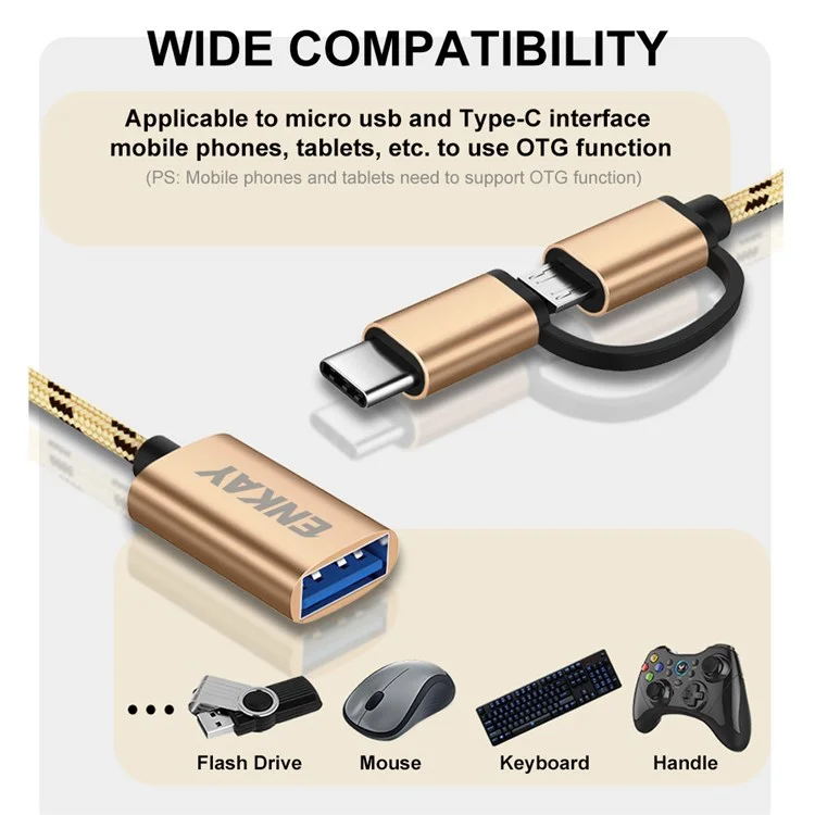 Enkay Hat Prince Enk-at113 2 en 1 USB 3.0 OTG Adaptador Cable USB Tipo C Micro USB a USB 3.0 Línea de Datos Del Cable Del Convertidor - Oro