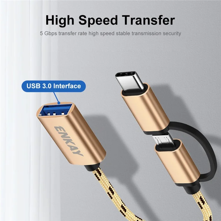 Enkay Hat Prince Enk-at113 2 en 1 USB 3.0 OTG Adaptador Cable USB Tipo C Micro USB a USB 3.0 Línea de Datos Del Cable Del Convertidor - Oro