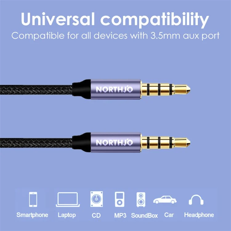 NORTHJO 1m Audio Cable 4 Pole 3.5mm Male to Male Stereo Aux Cord