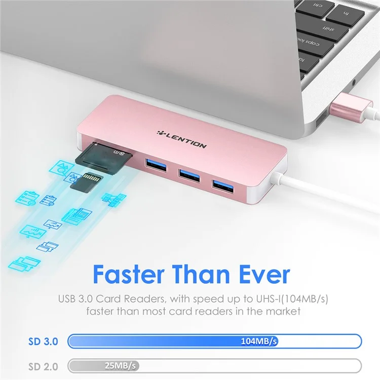 Lention H15 USB-A Hub 3xusb-a 3.0 Puertos+2 Relaciones de Lector de Memoria Relaciones Convertor de Aluminum - Oro Rosa